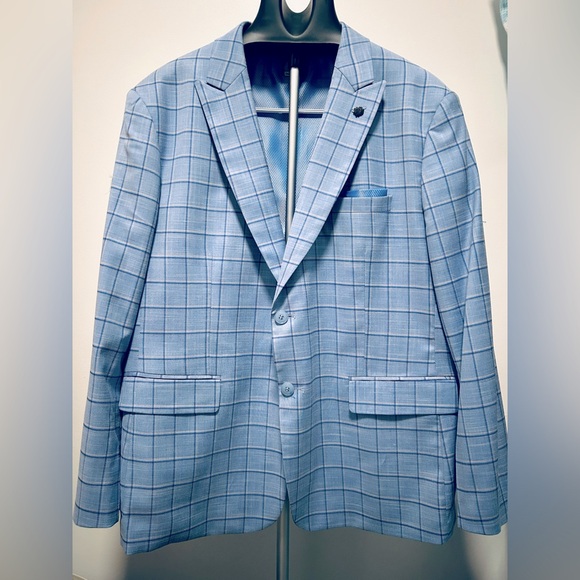 Lief Horsens Denmark Stretch Blue Plaid Suit Sports Coat Blazer 50R & Pants 44R - Picture 1 of 16